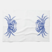カニのWoodblockのプリントの職人のスタイルの航海のな青 キッチンタオル (横)