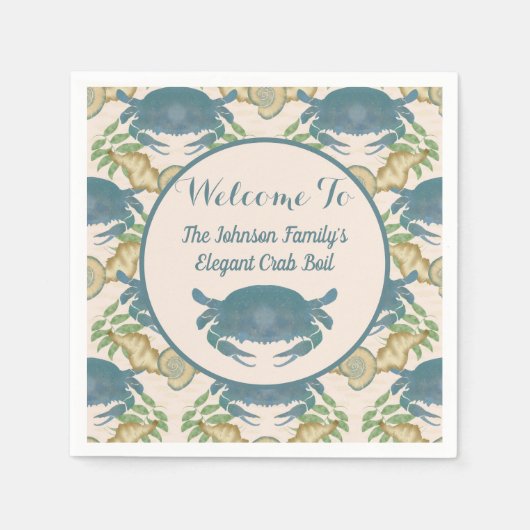 カニエレガントの饗宴 – 水カラーブルーカニ、シーシェル スタンダードカクテルナプキン (正面)