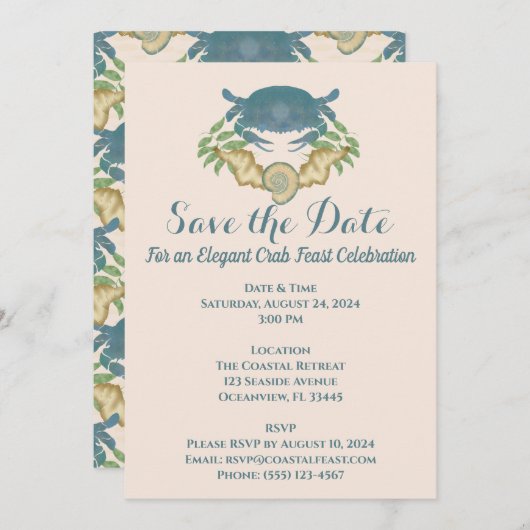 カニエレガントの饗宴 – 水カラーブルーカニ、シーシェル 招待状 (正面/裏面)