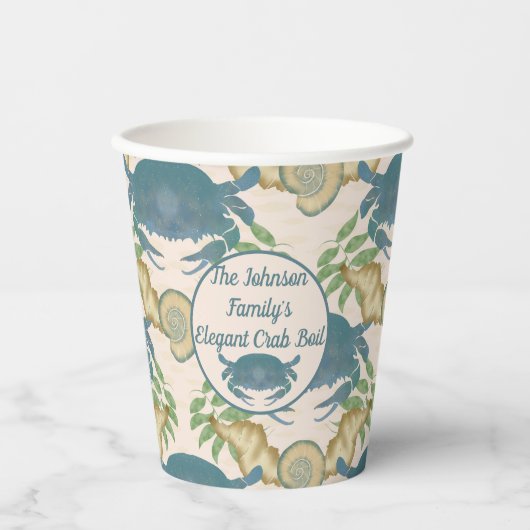 カニエレガントの饗宴 – 水カラーブルーカニ、シーシェル 紙コップ (正面)