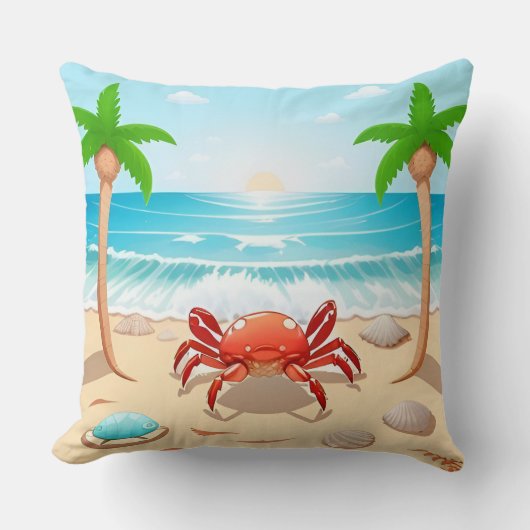 カニカラフル、ヤシの木、貝 クッション (正面)