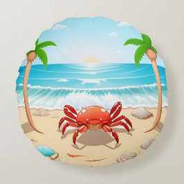 カニカラフル、ヤシの木、貝 ラウンドクッション