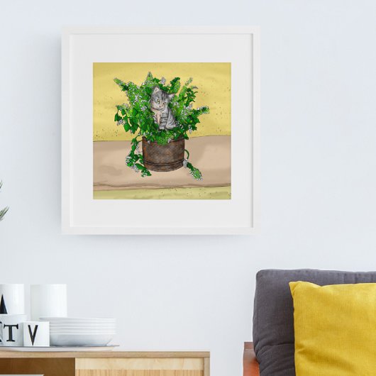 カニップのバケツに入ったグレーの子猫 ポスター