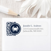 カニテーマネイビーブルーホワイトダマスクビーチ結婚式 ラベル (インサイチュ)