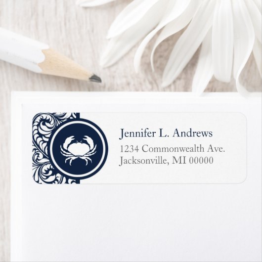 カニテーマネイビーブルーホワイトダマスクビーチ結婚式 ラベル (インサイチュ)