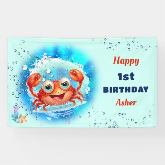 カニブルーボーイプールパーティー夏の第1誕生日 横断幕 (横)