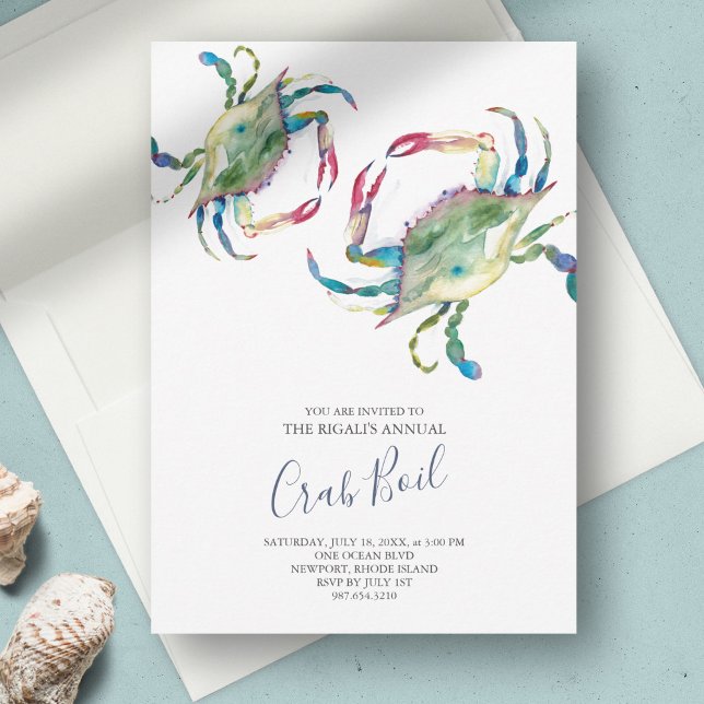 カニボイルサマーパーティの招待状 (low country boil invitations watercolor blue crab art by Victoria Grigaliunas Do Tell A Belle)