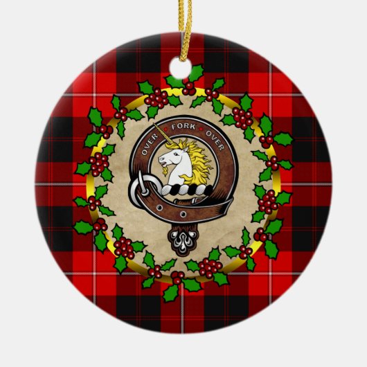 カニンハムクランバッジ&タータンチェックパーソナライズされたクリスマス セラミックオーナメント (正面)
