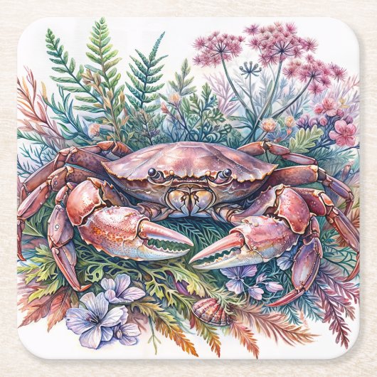 カニ植物水彩 スクエアペーパーコースター (正面)