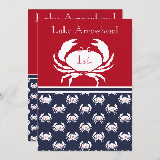 カニ沸騰招待状赤白海軍ブルー沿岸 招待状 (正面/裏面)
