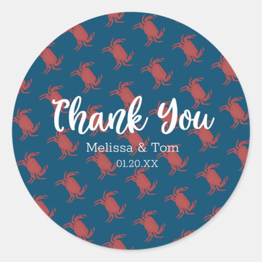 カニ焼き赤い青パタ結婚ーンありがとう ラウンドシール (正面)