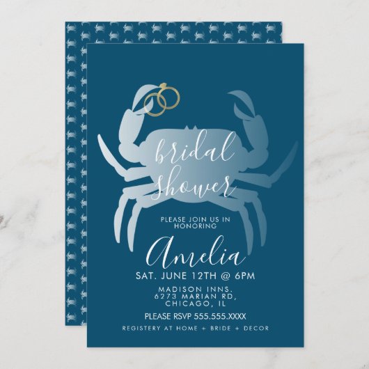 カニ甲殻類海ブライダルシャワーネイビー 招待状 (正面/裏面)