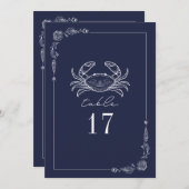 カニ素朴ダークブルー結婚のテーブル番号 招待状 (正面/裏面)