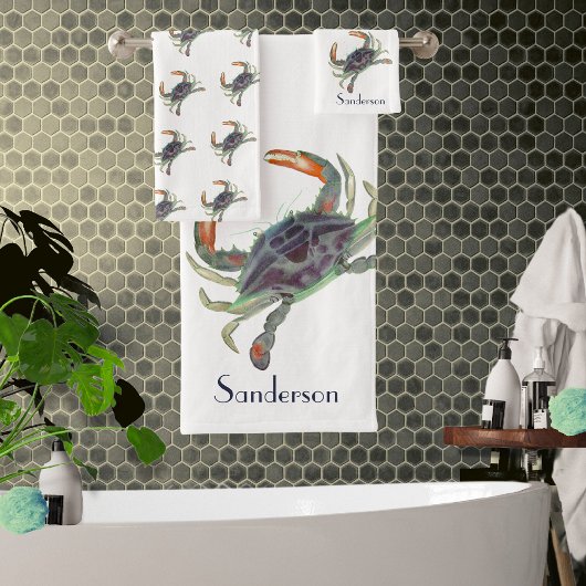 カニ航海のグレイ青と緑のバスタオルセット バスタオルセット