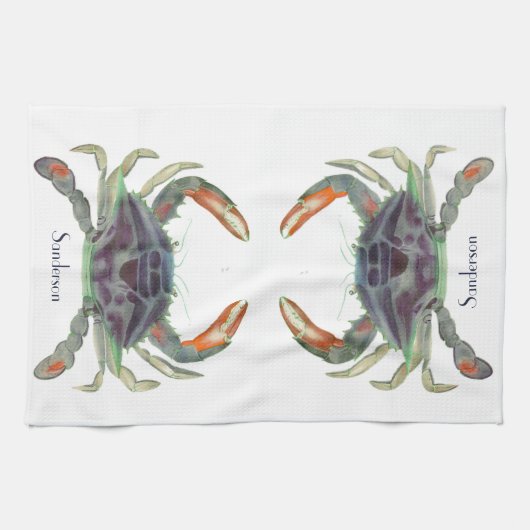 カニ航海のグレイ青と緑 キッチンタオル (横)