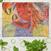 カニ航海のビーチシーフードアート キッチンタオル (折り畳み)