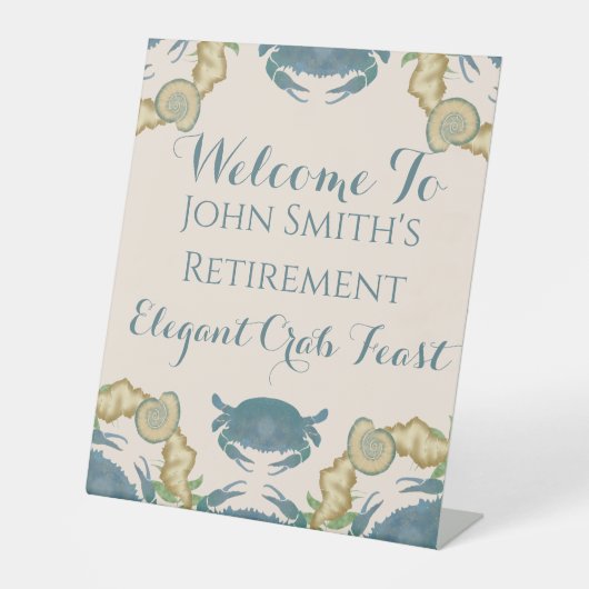 カニ饗宴 – 水カラーブルーカニ、退職 台座サイン (正面)