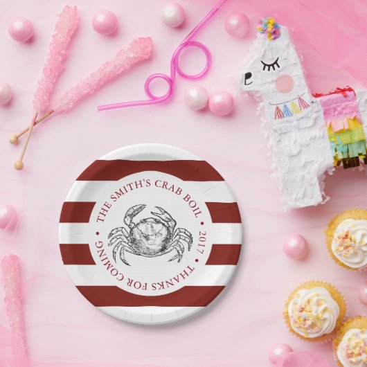 カニ|のシーフードの沸騰カスタムで赤いストライプの ペーパープレート (パーティー)