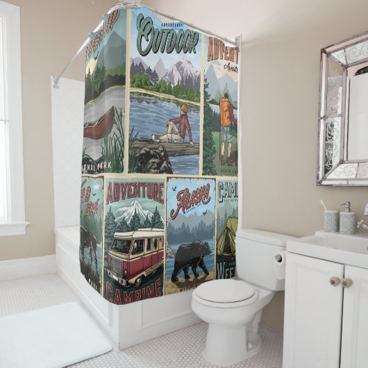 カヌーをセットした屋外レクリエーションのヴィンテージポスター  シャワーカーテン (インサイチュ)