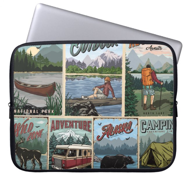 カヌーをセットした屋外レクリエーションのヴィンテージポスター ラップトップスリーブ (正面)