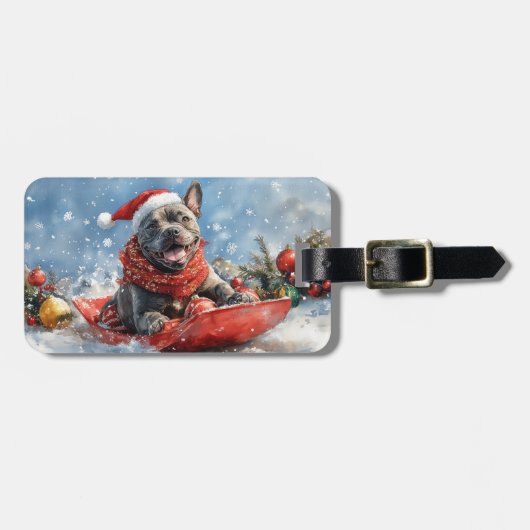 カネコルソが乗ったソリで雪を降らせて クリスマス ラゲッジタグ (正面横)