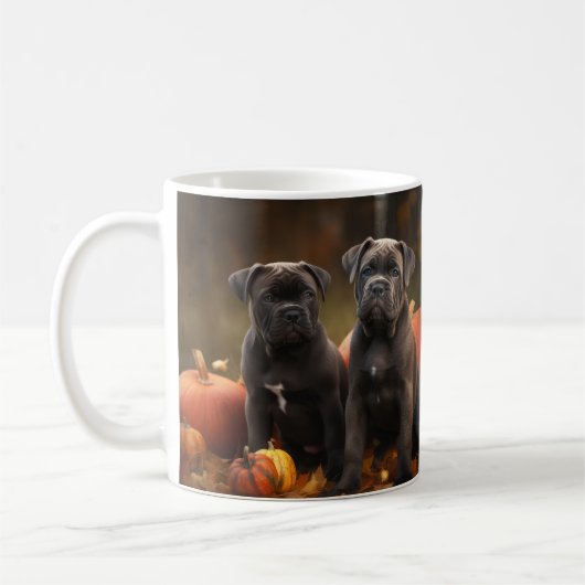 カネコルソの子犬 秋の喜びのかぼちゃ コーヒーマグカップ (左)