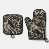 カハヌパームズハワイアンリネンフェイクテクスチャブラック 鍋つかみ&鍋敷きセット (正面)