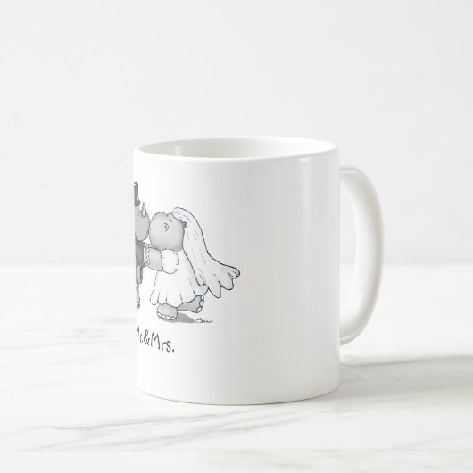 カバおよびサイが付いているおもしろいな結婚式のマグ コーヒーマグカップ (正面右)