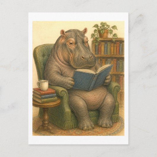 カバが本を読むイラスト ポストカード (正面)
