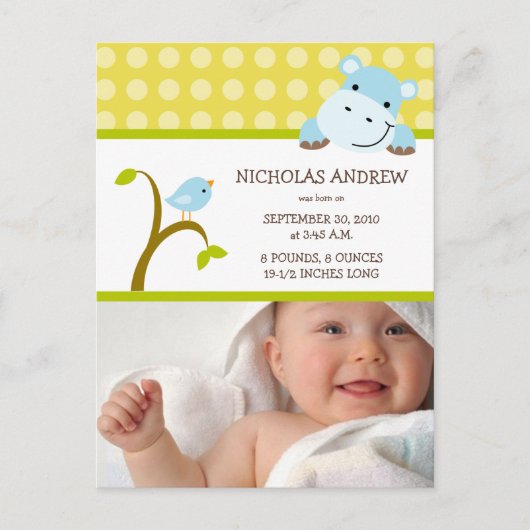 カバとバーディ男の赤ちゃん誕生のお知らせ 案内ポストカード (正面)