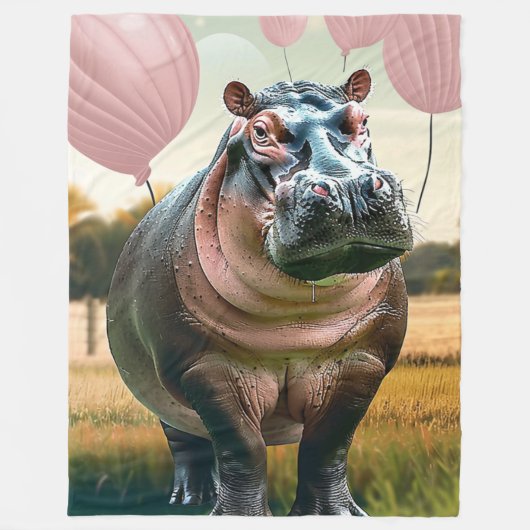 カバとピンクバルーンお洒落付き豪華な毛布 フリースブランケット (正面)