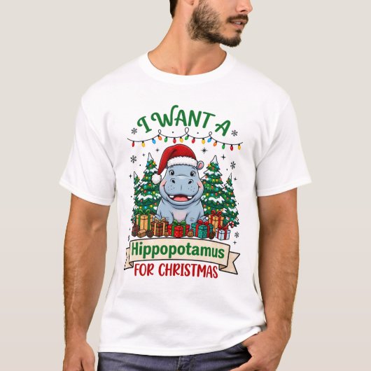 カバのクリスマス カバ サンタ帽子 木 プレゼント Tシャツ (正面)