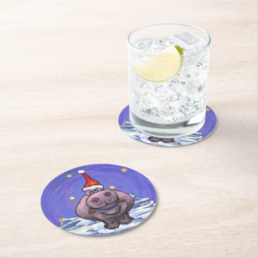 カバのクリスマス ラウンドペーパーコースター (インサイチュ)