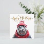 カバのサンタ帽子とマフラー メリークリスマス シーズンカード (スタンド正面)