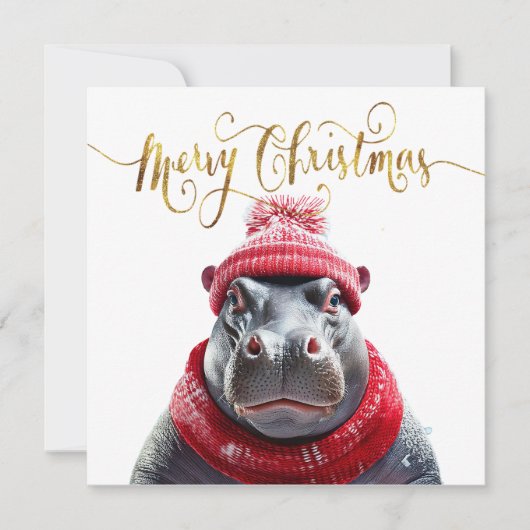 カバのサンタ帽子とマフラー メリークリスマス シーズンカード (正面)