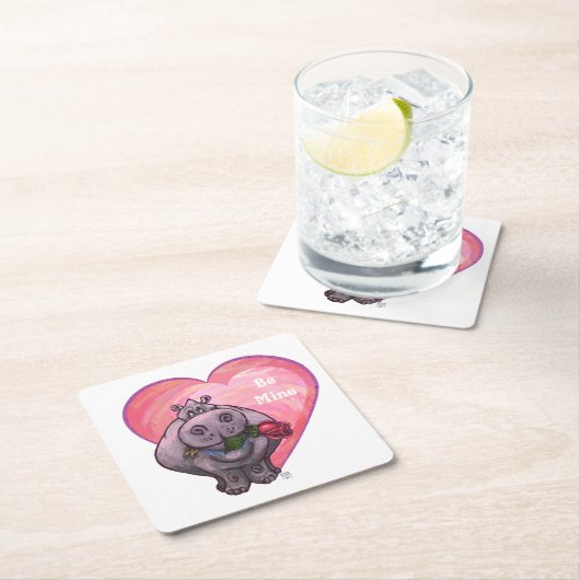 カバのバレンタインデー スクエアペーパーコースター (インサイチュ)