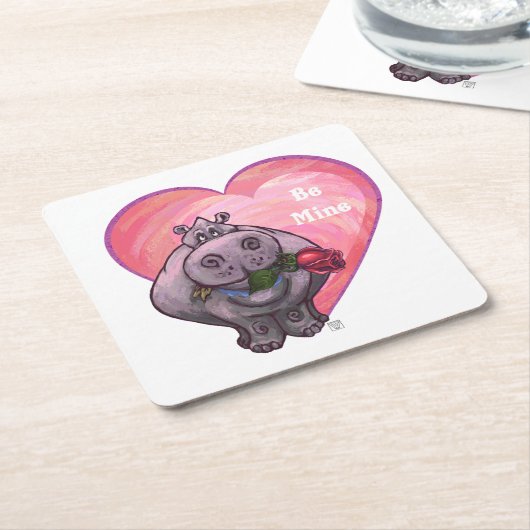 カバのバレンタインデー スクエアペーパーコースター (アングル)