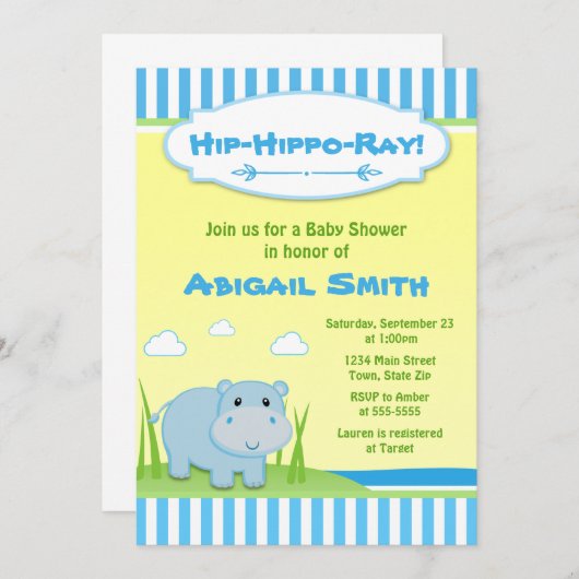カバのベビーシャワーの招待状の青いカバの男の子 招待状 (正面/裏面)