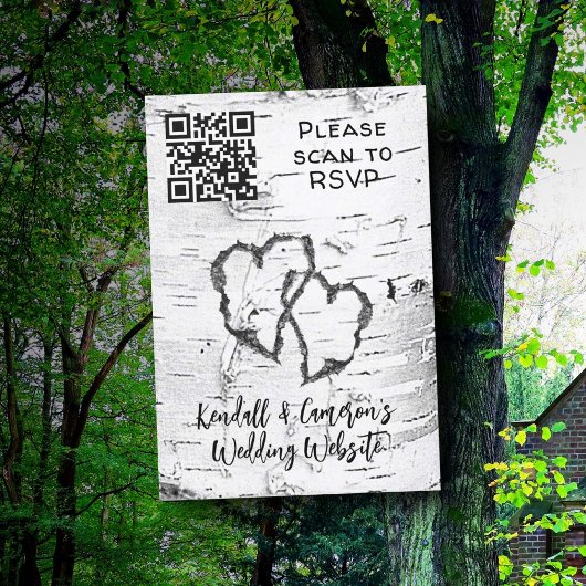 カバの木の彫刻ハートQRコード結婚式RSVP 出欠カード