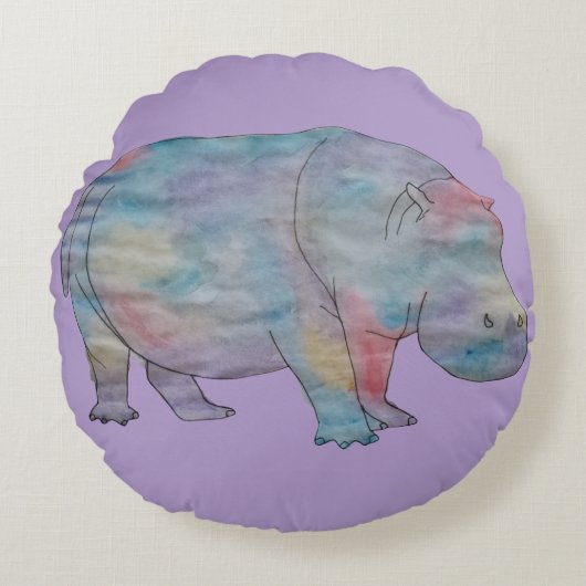 カバの水彩画 ラウンドクッション (正面)