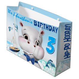 カバの男の子ブルー誕生日 ラージペーパーバッグ