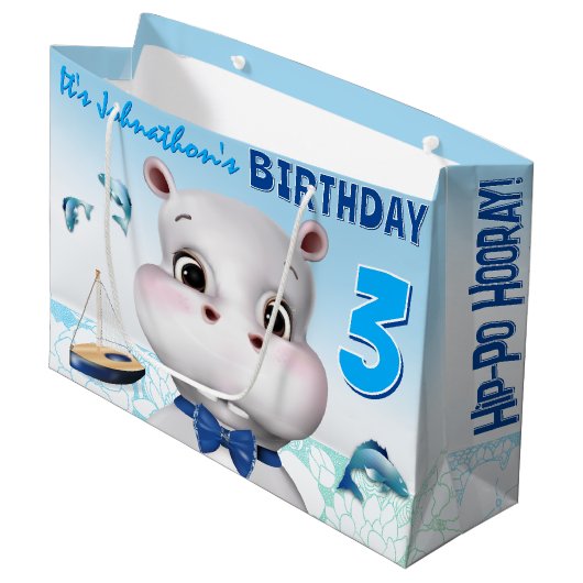 カバの男の子ブルー誕生日 ラージペーパーバッグ (正面アングル)