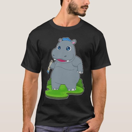 カバの画家 絵筆 ペインティング Tシャツ (正面)