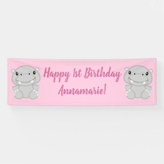 カバの誕生日パーティー ピンク 横断幕 (横)