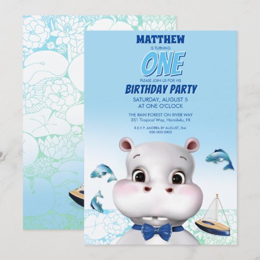 カバの青い魚の少年 誕生日 招待状 (正面/裏面)