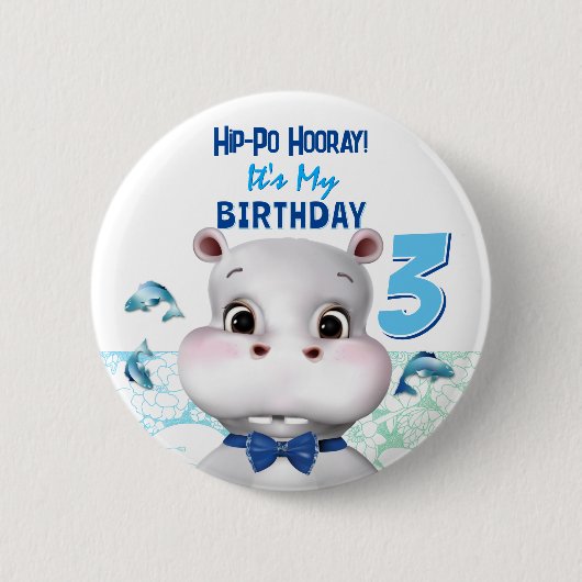 カバの青い魚の少年 誕生日 缶バッジ (正面)