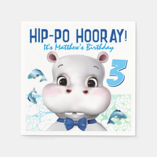 カバの青い魚の男の子の誕生日 スタンダードカクテルナプキン (正面)