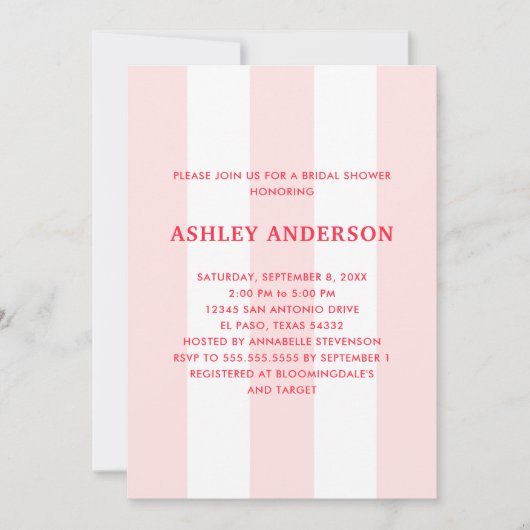 カバナストライプ淡い色のピンクブライダルシャワー 招待状 (正面)