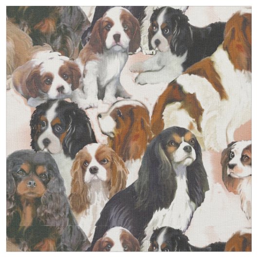 カバリエスパニエル犬ムラルコラージュ生地 ファブリック (クローズアップ)