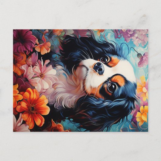 カバリエールキングチャールズスパニエル犬イン花 ポストカード (正面)